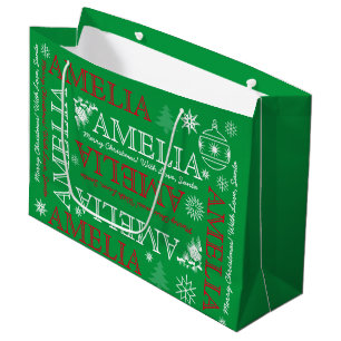 Name with 6 Letters Red Green Christmas Pattern Large Gift Bag