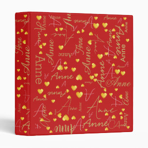 Name with Gold Hearts all over Fiery Red 3 Ring Binder