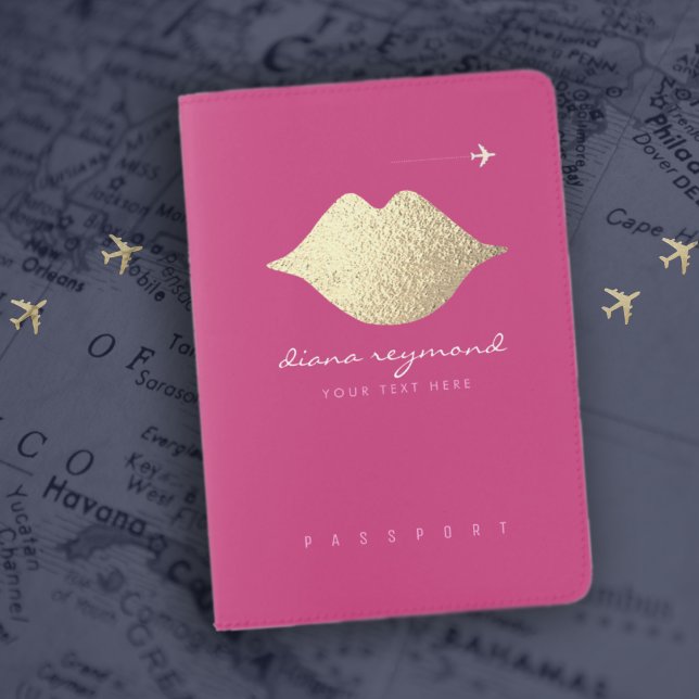 name with gold lips, feminine fuchsia pink passport holder (Creator Uploaded)
