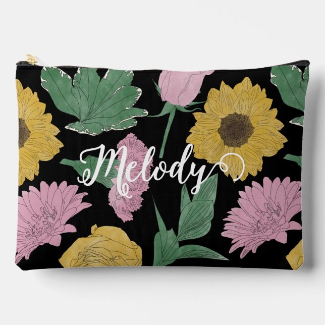 Name with Lined Flowers Cosmetic Accessory Pouch (Front)