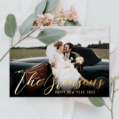 Name with Message Happy New Year Photo Gold Foil Holiday Card