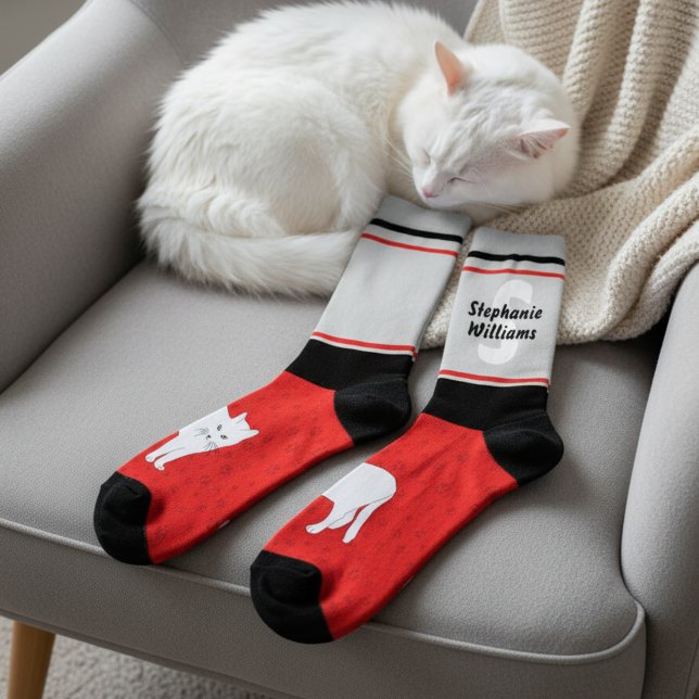 Name with Monogram Striped White Cat Crew Socks (Fun personalized crew socks for cat lovers. Featuring a cute white cat illustration.)
