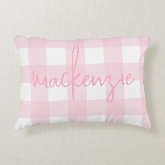 Name with Pink and White Buffalo Check Accent Pillow (Front)