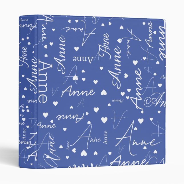 Name with White Hearts all over Medium Blue 3 Ring Binder (Front/Spine)