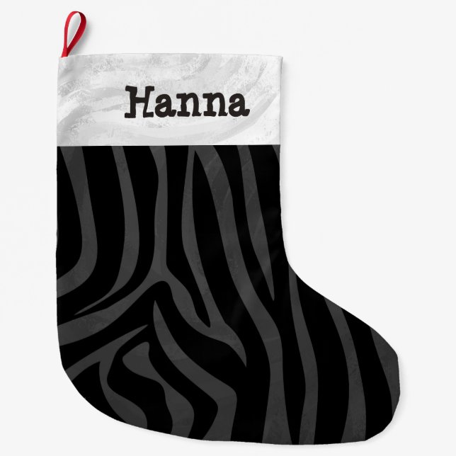 Name with Zebra Black and Gray Large Christmas Stocking (Front)