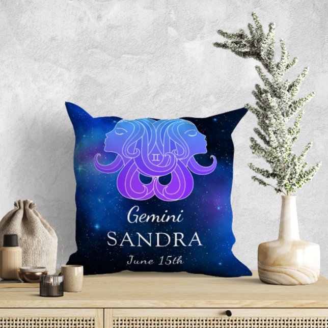Name with Zodiac sign Gemini Gift Throw Pillow (Creator Uploaded)