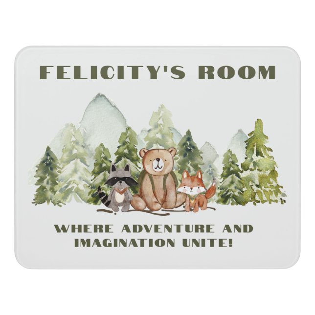 Name Woodland Animals Bear Mountains Trees Nursery Door Sign (Contemporary Front)