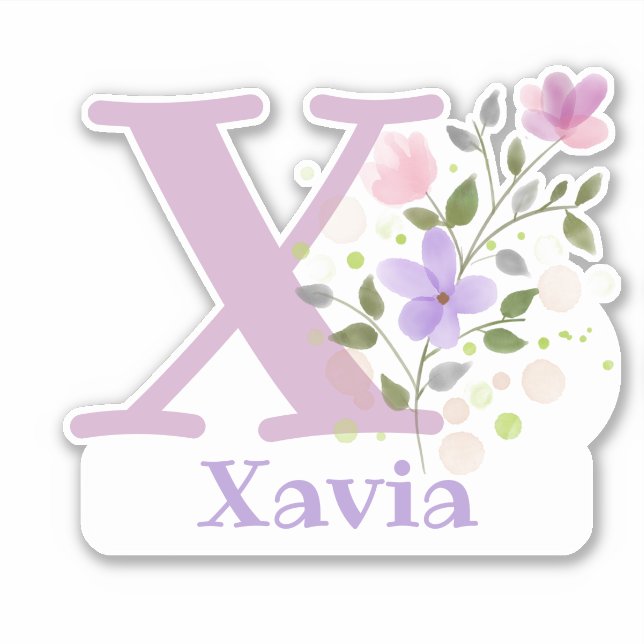 Name Xavia plus Initial with Floral Design Sticker (Front)