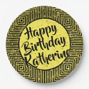 Name: Yellow/Black Happy Birthday Diagonal Stripes Paper Plates