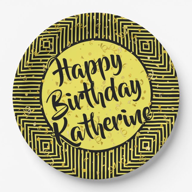 Name: Yellow/Black Happy Birthday Diagonal Stripes Paper Plates (Front)