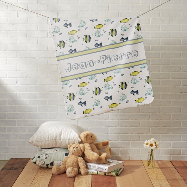 Name Yellow Blue Tropical Fish Pattern Nursery Baby Blanket (In Situ)