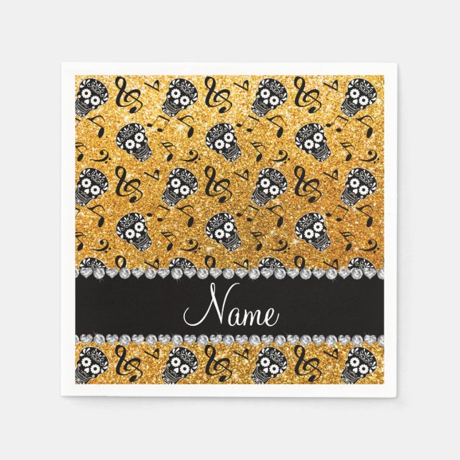 Name yellow glitter music notes sugar skulls napkins (Front)