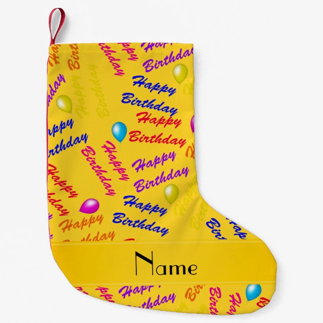 Name yellow rainbow happy birthday balloons small christmas stocking (Front)