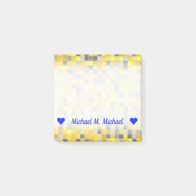 Name; Yellows and Grays Tiled Squares Pattern Post-it Notes (Front)