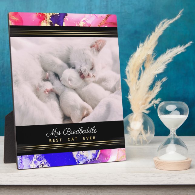 Named Best Cat Ever Photo Template Pink Abstract Plaque (Side)