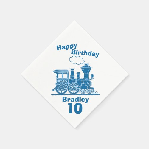 Named blue train boys 10th birthday napkins