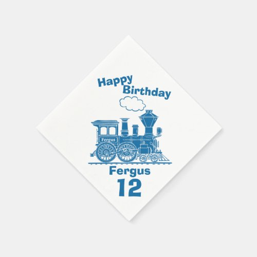 Named blue train boys 12th birthday napkins