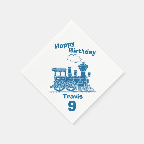 Named blue train boys 9th birthday napkins