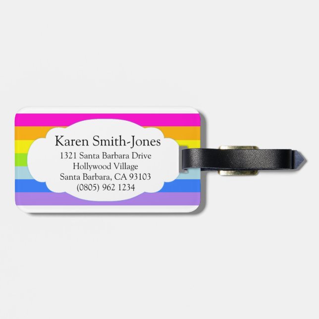 Named bright rainbow cloud pink luggage tag (Back Horizontal)