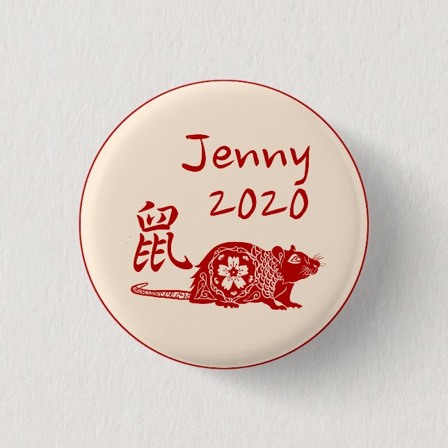 Named Chinese Year RAT Paper Cut Design Red Gift Button (Front)