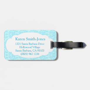 Named damask light blue & white luggage tag