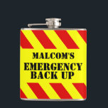 Named emergency back up chevron mens hip flask<br><div class="desc">Fun hazard help emergency courage flash,  ideal gift for a best man,  groom or men in situations that may require a little back up or Dutch courage. personalize with the name and cautionary words of your choice. Currently reads Malcom's Emergency Back Up. Designed by Sarah Trett.</div>