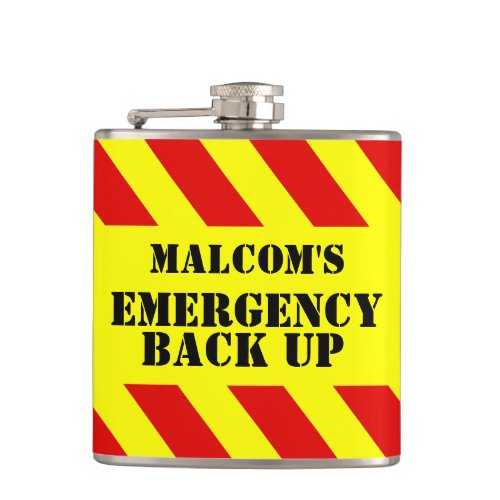 Named emergency back up chevron mens hip flask