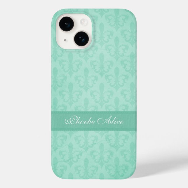 Named Fleur de Lis damask mint green  Case-Mate iPhone Case (Back)