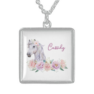 Named Floral Pony Sterling Silver Necklace