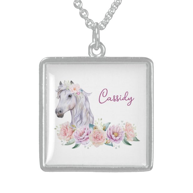 Named Floral Pony  Sterling Silver Necklace (Front)