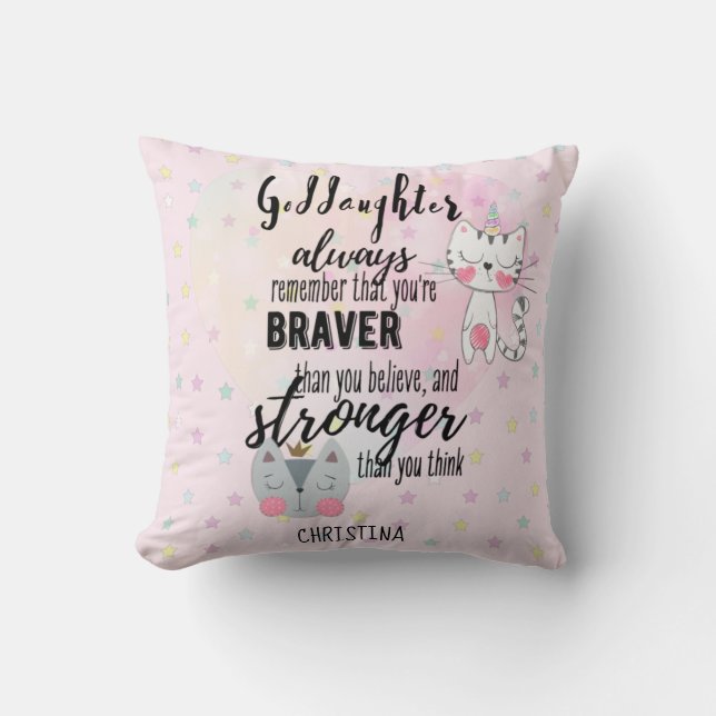Named GODDAUGHTER Motivational Quote Cute Cat Pink Throw Pillow (Front)