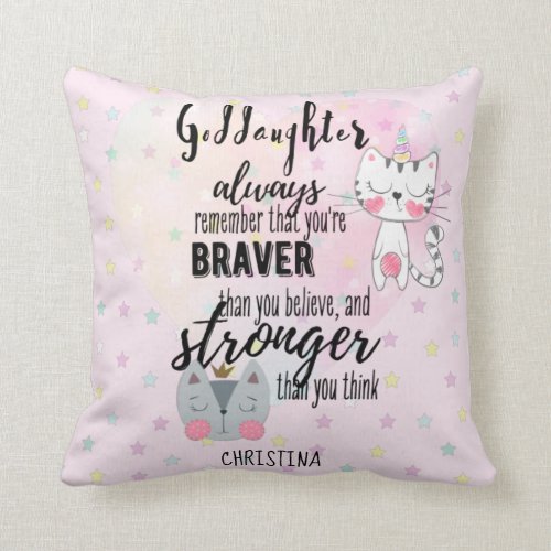 Named GODDAUGHTER Motivational Quote Cute Cat Pink Throw Pillow