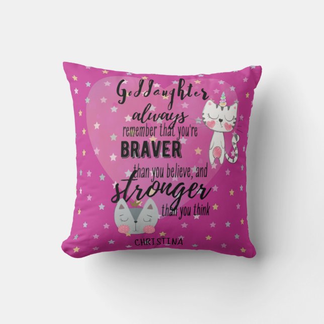 Named GODDAUGHTER Motivational Quote Cute Cat Pink Throw Pillow (Front)