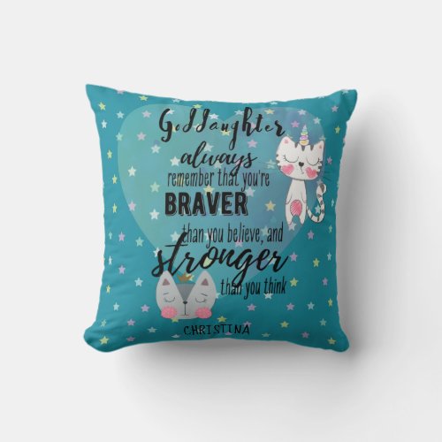 Named GODDAUGHTER Motivational Quote Cute Cat Teal Throw Pillow