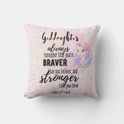 Named GODDAUGHTER Motivational Quote Unicorn Pink  Throw Pillow