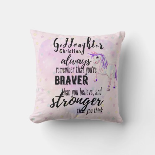 Named GODDAUGHTER Motivational Quote Unicorn Pink  Throw Pillow