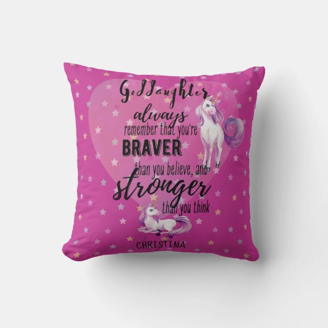 Named GODDAUGHTER Motivational Quote Unicorn Pink  Throw Pillow (Front)