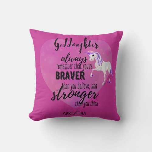 Named GODDAUGHTER Motivational Quote Unicorn Pink  Throw Pillow