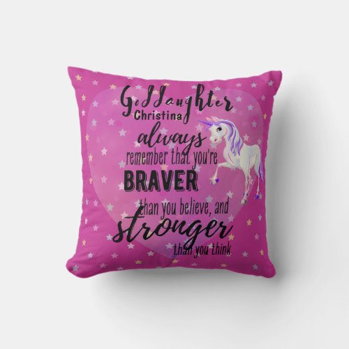 Named GODDAUGHTER Motivational Quote Unicorn Pink  Throw Pillow