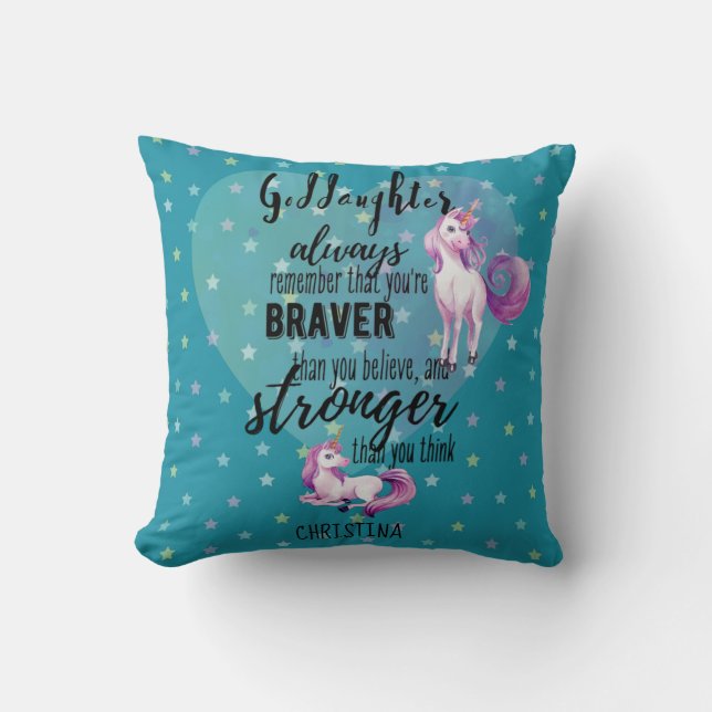 Named GODDAUGHTER Motivational Quote Unicorn Teal Throw Pillow (Front)