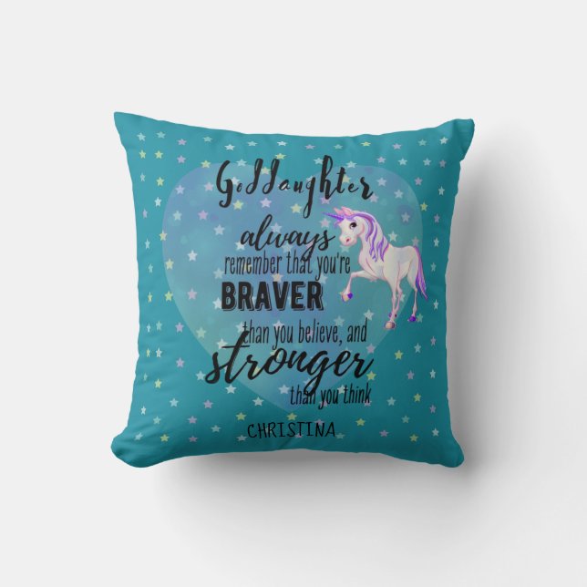 Named GODDAUGHTER Motivational Quote Unicorn Teal  Throw Pillow (Front)