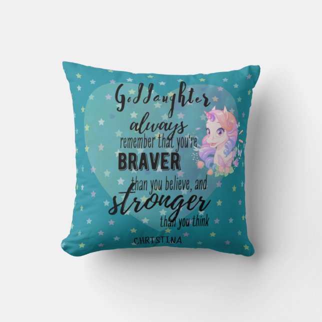Named GODDAUGHTER Motivational Quote Unicorn Teal  Throw Pillow (Front)