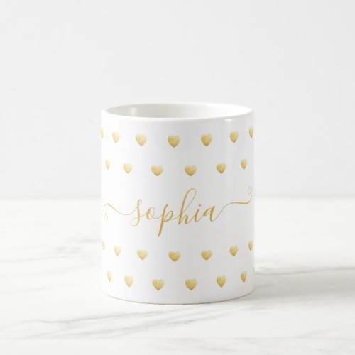 Named Gold Heart Pattern on White Coffee Mug
