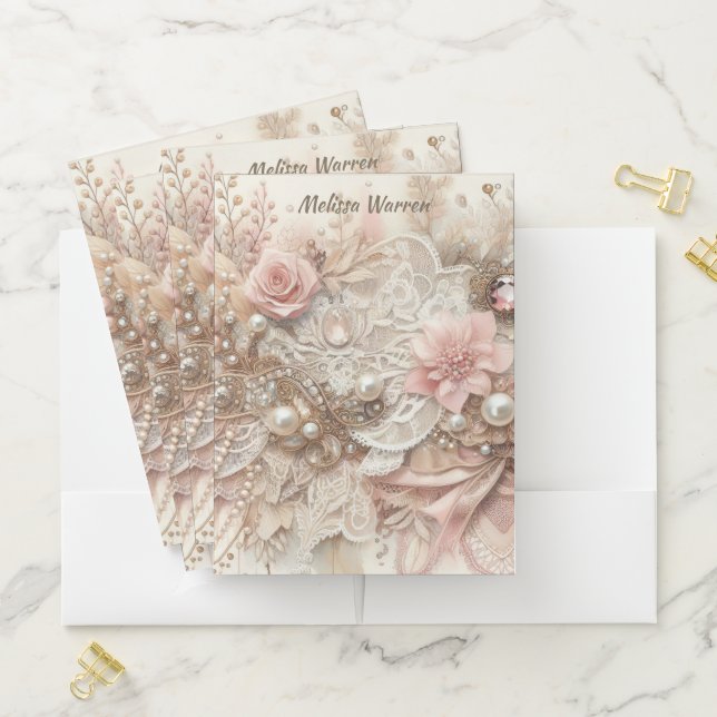 Named Gorgeous Pink White & Gray Florals Pocket Folder (In Situ)