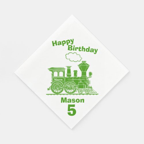 Named green train boys 5th birthday napkins