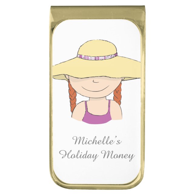Named hoiliday money girl in sun hat clip gold finish money clip (Front Vertical)