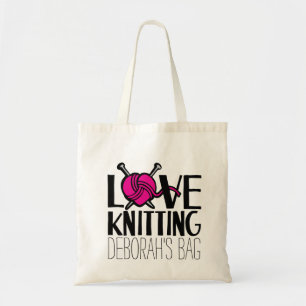 Named love knitting pink ball of wool bag