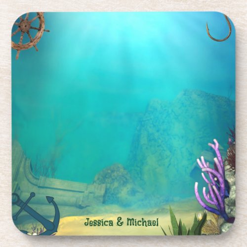 Named multicolor Underwater Ocean Scene Beverage Coaster