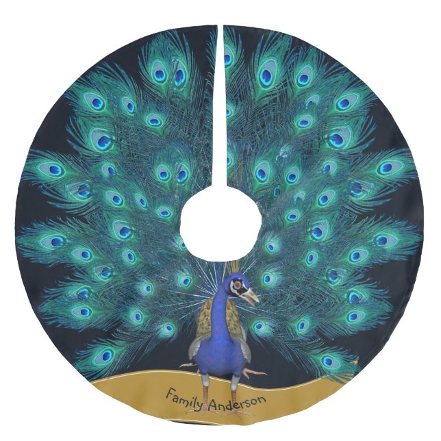 Named PEACOCK Christmas TREE Skirt Decoration (Front)