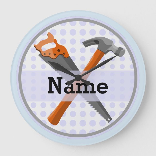 Named Personalized Tools design for boys. Large Clock (Front)